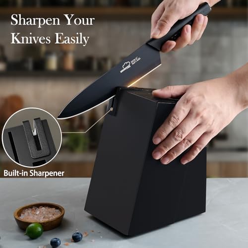 Knife Set, 15 Pieces Kitchen Knife Set with Block Built in Sharpener, Dishwasher Safe, German Stainless Steel Knife Block Set, Elegant Black
