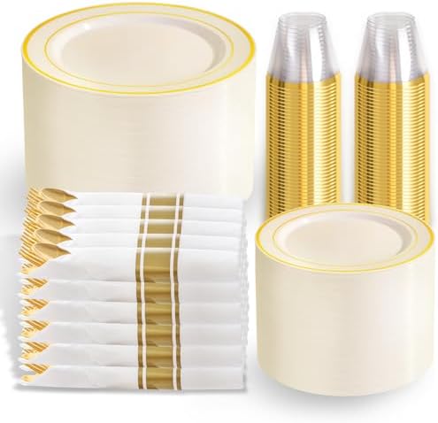 WELLIFE 350PCS Ivory Plastic Plates for 50 Guests -Thanksgiving Plates,Thanksgiving Decorations,Disposable Plate for Party and Wedding