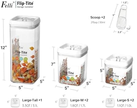 Felli Flip Tite Food Storage Container 5" LARGE 5pk Set + No Residue Label, Airtight Lid Easy Lock Top Stackable, Plastic Canister Jar for Pantry Kitchen Fridge Organizer Pasta Protein Powder Spice