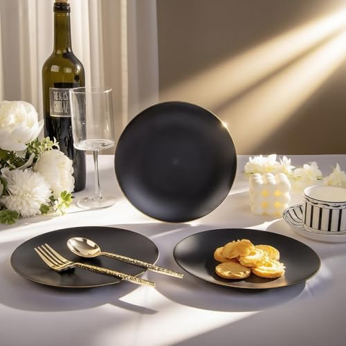 EjonirInjonir 80pcs Heavy Duty Black Dessert Plates for Weddings, Gold Rim