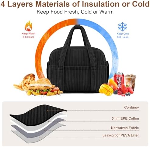 KUBYA Corduroy Lunch Box Lunch Bag for Women Men, Cute Strawberry Small Insulated Reusable Work Leakproof Simple Lunch Boxes Tote Bag Adults Cooler Bag