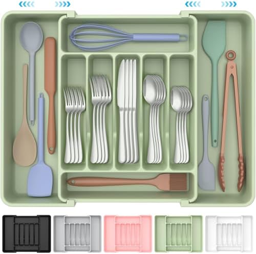 ukeetap Extra Large Expandable Silverware Organizer, Flatware Tray, Green