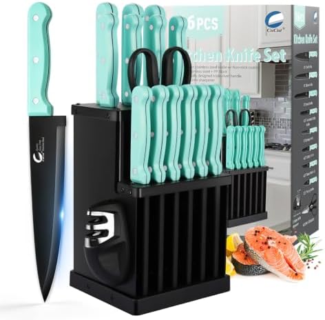 16-Piece Kitchen Knife Set with Block - High Carbon Stainless Steel Knives, Black Non-Stick Coating, Triple Riveted Forged Turquoise Handle, Dishwasher Safe, Includes Knife Sharpener, Scissors