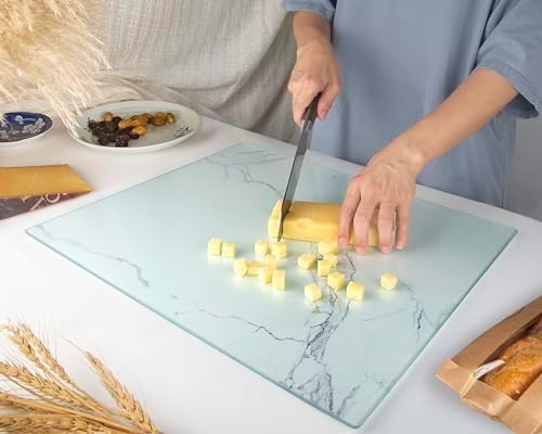 Kitchenville Glass Cutting Board 20”x16”: Tempered Glass Kitchen Counter Protector - Durable- Scratch-Resistant, Heat-Proof - Design 2 - White Marble Effect