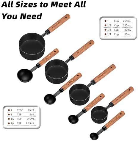 Wooden Handle Measuring Cups & Spoons Set 8-Piece – Stainless Steel, Stackable, Rustic Farmhouse Kitchen Gadgets, Non-Toxic, Dishwasher Safe, Gift for Bakers & New Homeowners