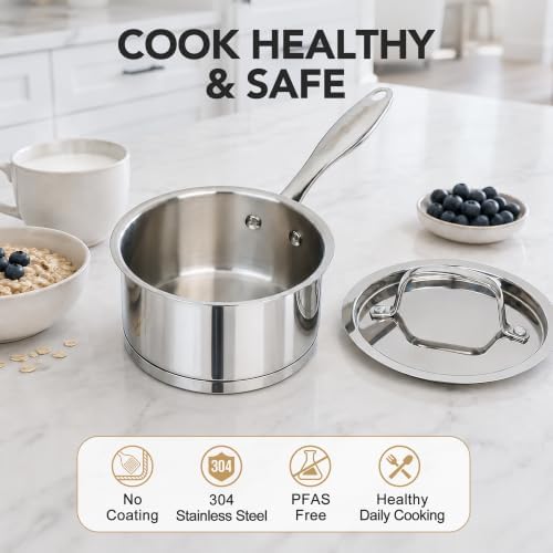 MICHELANGELO 1QT Small Stainless Steel Saucepan with Lid, Tri-Ply Base