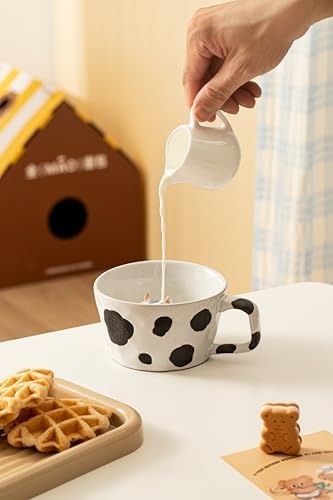 DIHOclub Farmhouse Ceramic Coffee Mug with Animal Figurine – Rustic Stoneware Cup, Matte Finish, Ideal for Breakfast & Home Decor (Black White Cow)