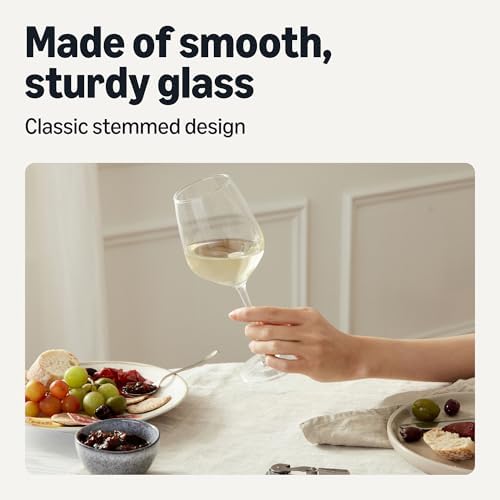 Amazon Basics Stemmed White Wine Glasses Set Of 4, 12 Oz Clear Glass, Classic Design for Everyday Dining, Weddings & Parties, Dishwasher-Safe
