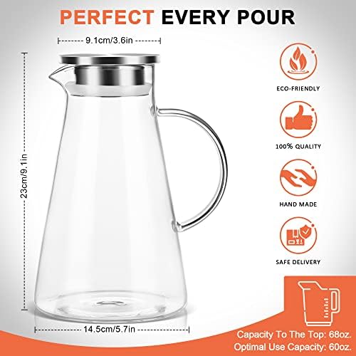 SUSTEAS 2L/68oz Glass Pitcher with Lid and Handle,Carafe for Hot/Cold Water