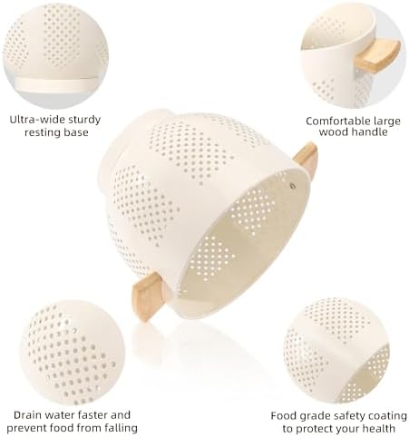 Metal Colander with Wood Handle and Stable Base, 5.5 Quart Powder Coated Steel Kitchen Strainer Basket for Draining Pasta, Vegetable and fruit,Cream
