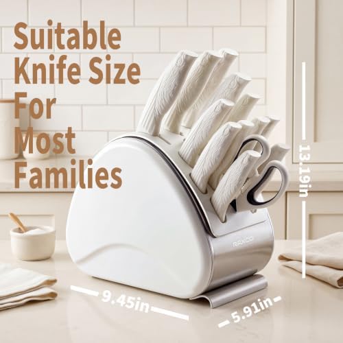 Raxco 15-Piece White Knife Set with Block and Built-in Sharpener