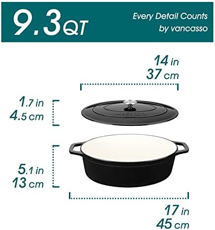 vancasso 9.3 Qt Oval Enameled Cast Iron Dutch Oven with Lid, Black