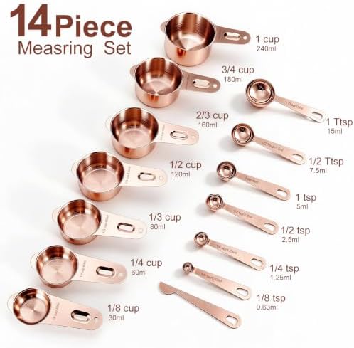Bopei 14-Piece 18/8 Stainless Steel Measuring Cups and Spoons, Rose Gold