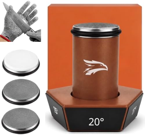 High Carbon Stainless Steel Rolling Knife Sharpener with 400, 1000 & 3000 Replacement Discs - Blunt Knife Sharpening Kit with 15 and 20 Degree Sharpening for Kitchen & Chef's Knives (DARK BROWN)