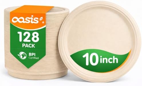 10 Inch Paper Plates 128 Pack, Heavy Duty Disposable Dinner Plates, Large Compostable Sugarcane Bagasse Plates, Leak Resistant, Cut Resistant, Microwave Safe, Natural