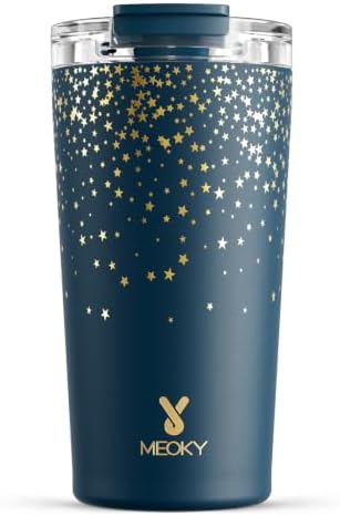Meoky 18 oz Insulated Travel Coffee Mug: Leak Proof Lid, Midnight Galaxy