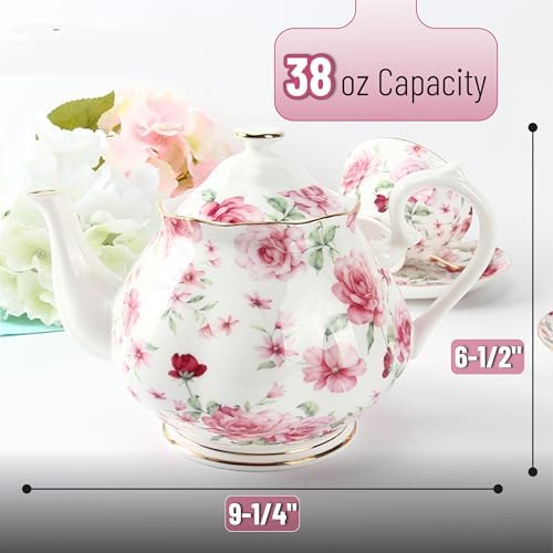 BTaT- Tea Pot, Teapot, Porcelain Teapot, 38 oz, Floral Teapot, Bone China Teapot for Tea Set, Ceramic Tea Kettle, Tea Pots for Tea Cup, Tea Pot Ceramic, Tea Pots for Loose Tea