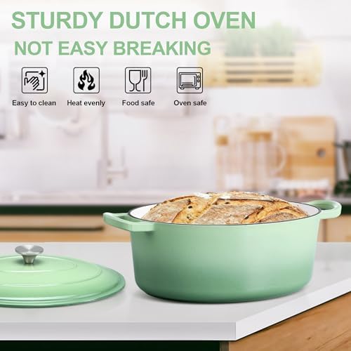 E-far 7QT Oval Dutch Oven Pot with Lid, Green Enameled Cast Iron Dutch Oven
