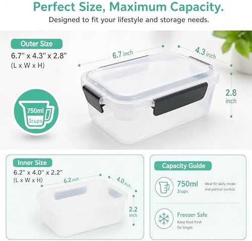 YORY 3cup Plastic Food Storage Containers With Lids For Portion Control,5pk