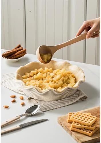 Ceramic Deep Pie Pan for Baking, 11 inch Porcelain Pie Dish for Apple Pie, Oven & Dishwasher Safe, Farmhouse Decor, 48 Ounce Deep Plate for Kitchen, Non-Stick Pie Pans, Embossed Stripe