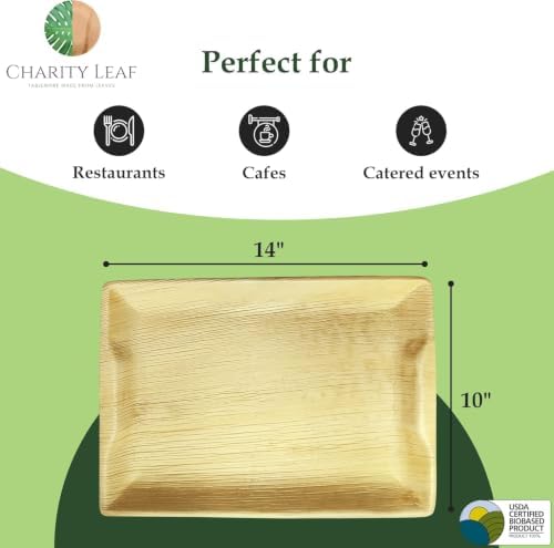 Charity Leaf Disposable Bamboo 14" x 10" Trays (200 Pieces) Bamboo Serving Platters, Disposable Boards, Eco-Friendly Dinnerware For Weddings, Catering, Events