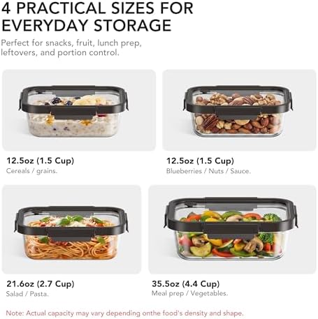 GENICOOK Glass Meal Prep Containers with Glass Lids, 4 Pack Airtight Glass Food Storage Containers, Borosilicate Glass Lunch Containers for Healthy Meal Prep, Microwave Oven Dishwasher Safe, BPA Free
