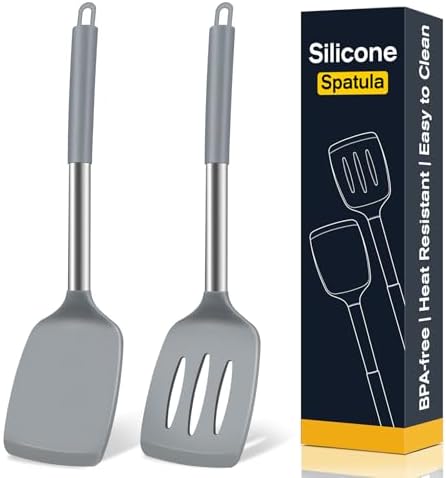 2 Pack Silicone Spatula Set, Solid & Slotted Turner for Non-Stick Pans, High Heat Resistant Silicone Spatula for Cooking, BPA-Free Stainless Steel Cooking Utensils for Fish, Eggs, Pancakes, Gray