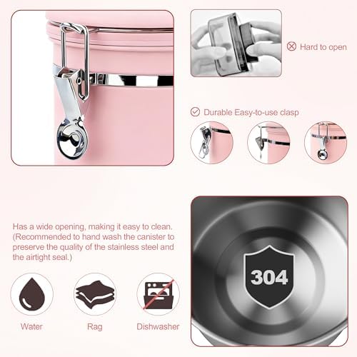 ShanSon Coffee Canister Airtight, Stainless Steel Bean Storage Container with Date Tracker & Scoop, Grounds Sugar Flour Tea Cereal Fits Kitchen Pantry, Ideal Gift for Coffee Lovers,16oz, Pink