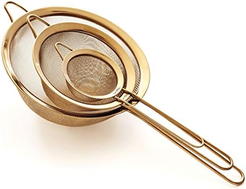 Strainer Set Fine Mesh – Premium 304 Stainless Steel (18/8) – 8″, 5.5″ and 3.3″ Sturdy Kitchen Strainers (Gold)