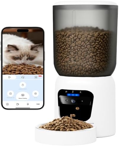 Automatic Cat Feeder with 2K Camera, 5G WiFi Smart Pet Food Dispenser for Cats & Small Dogs, 6L Large Capacity Timed Auto Feeder with App Control, Night Vision, 2-Way Audio & Detachable Design (White)