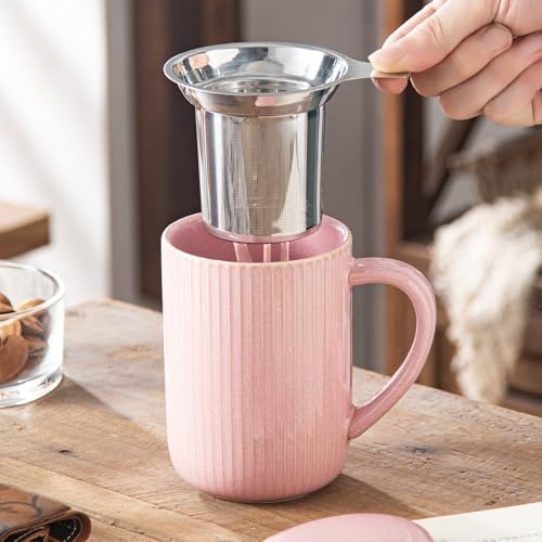 Yundu 15.5oz/470ml Flambe Pink Ceramics Teacups with Infuser and Lid, Loose Leaf Tea Cup