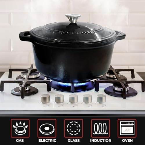 MUELLER HOME 4.5 QT Enameled Cast Iron Dutch Oven, Heavy-Duty Casserole Dish and Braiser Pan with Lid and Stainless Knob, Oven-Safe up to 500° F & Across All Cooktops, Black