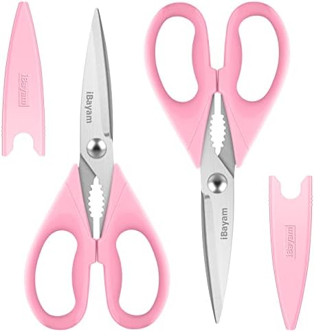 iBayam Pink Kitchen Scissors All Purpose Heavy Duty & Comfort Grip & Cover