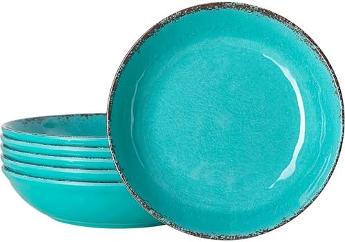 LEHAHA Melamine Pasta Bowl, 9.25 inch Large Wide and Shallow Bowls Set of 6, 42 OZ Unbreakable 100% Melamine Serving Bowls Set for Dinner, Noodle,Ramen,Salad, Fruit Bowl. Dishwasher Safe, Teal…