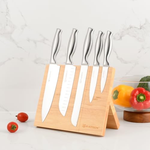Kitchen Knife Set, 6-Piece German Steel Knife Set with Wood Magnetic Knife Holder Block Professional Chef's Knife with Sharp Blades and Hollow Handle