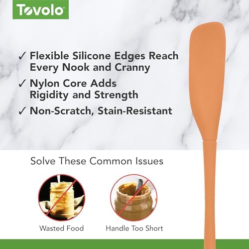 Tovolo Silicone Jar Spatula Long Handled Rubber Scraping Scooping Tool for Peanut Butter Jam Jelly Jars Blenders, Extra Long Flex Core Silicone Jar Scraper Dishwasher Safe BPA Free, Apricot Orange