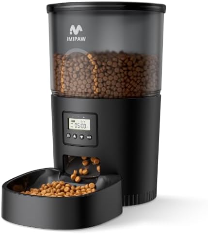 IMIPAW Automatic Cat Feeders, 3L Timed Cat Dry Food Dispenser, Dual Power Supply, Programmable Portion Size, 1-6 Meals Per Day, Auto Pet Feeder for Cats and Small Dogs, with Desiccant Bags