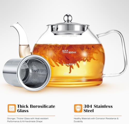 STNTUS Glass Teapot, 40 oz. / 1200 ml for Loose Tea, With Infuser and Stainless Steel Strainer, Stovetop Safe, 4-6 Cups