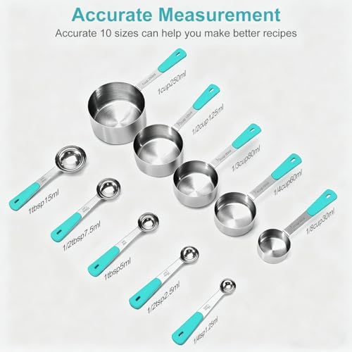 Bopei 10-Pcs Stainless Steel Measuring Cups & Spoons Set, Aqua Sky Handles