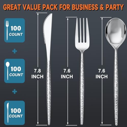 SUT 300PCS Silver Plastic Silverware, Disposable Utensils, plastic cutlery Set Includes 100 Knives, Forks and Spoons, Disposable Silverware for Party, Hammered Silverware Set