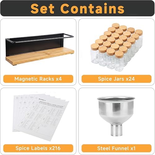 Bamboo Magnetic Spice Rack for Refrigerator, Space Saving Complete Set with 24 Bamboo Lid Glass Jars, 216 Waterproof Labels & Steel Funnel, Fridge Spice Organizer, 11.6" W x 2.4" D x 3.2" H