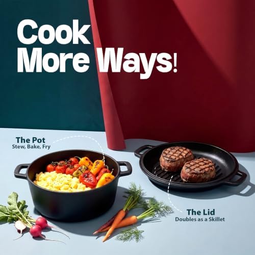 KICHLY Cast Iron Dutch Oven 5 QT with Skillet Lid Pre-Seasoned PFAS-Free