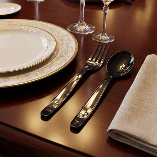 SACATR 100 Count Black Plastic Silverware Heavy Duty -Forks, Spoons