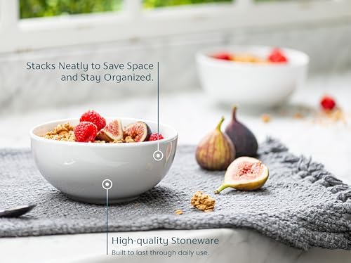 KooK Ceramic Soup bowls, Microwave, Dishwasher and Freezer Safe, Porcelain Dishes for Soup, Pasta, Salad, Oatmeal, Deep Interior, 24 oz, Set of 6, Marshmallow White