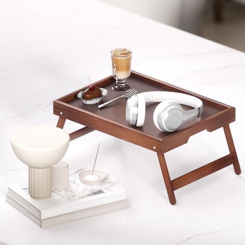 Fibogollo 2 Pack Bamboo Bed Tray Table with Folding Legs,Breakfast Trays,Serving Tray for Food and Snack,Laptop Trays for Working(Brown)