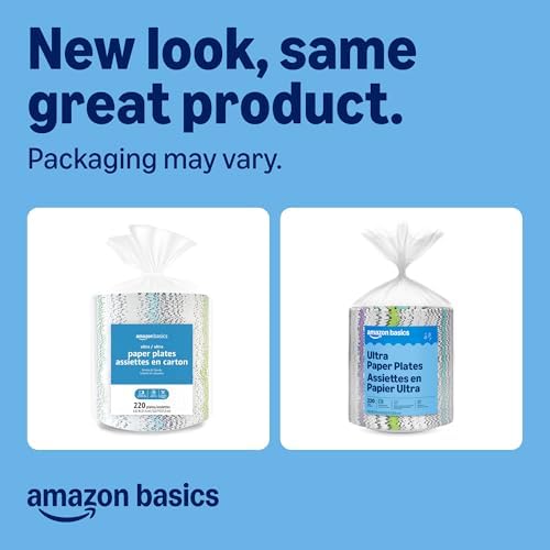 Amazon Basics Ultra Paper Plates, 8.62 Inch, Disposable, 880 Count (4 Pack of 220), Packaging May Vary