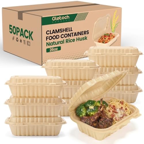 Clamshell Food Containers with Lids, 50 Pack-28oz Take Out Boxes Disposable Meal Prep Containers Natural Rice Husk Material Durable To Go Containers for Pasta Salad Sandwich Microwave Freezer Safe