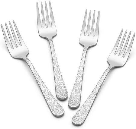 E-far Hammered Serving Forks, 4-Piece Stainless Steel Hostess Serving Utensils Set for Meat Catering Buffet Party Kitchen Restaurant, Non-toxic & Dishwasher Safe
