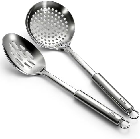 Berglander Kitchen Skimmer Slotted Spoons for Straining 2 pcs 13", Stainless Steel Kitchen Spider Strainer Ladle Spoon for Straining Pasta/Cooking/Frying/Noodle, Metal Kitchen Utensils Pasta Spoon