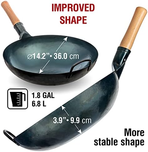 YOSUKATA Blue Carbon Steel Round Bottom Wok Pan 14" + Stainless Steel Wok Lid + 17’’ Spatula and Ladle - Set of 2 Heat-Resistant Tools